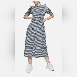 Gingham Midi Dress By Topshop Puff Sleeves Lace Up Back Coastal Cowgirl Fun